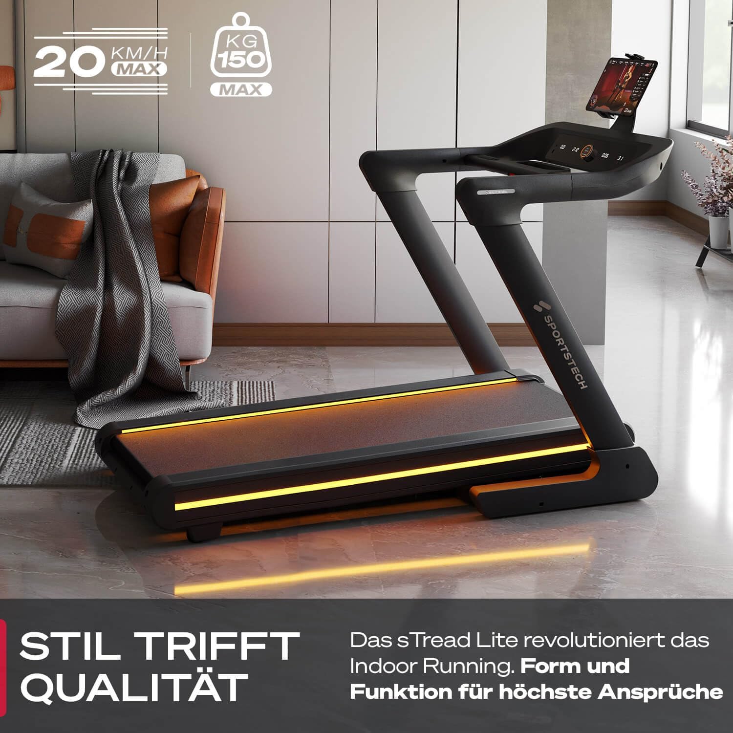 Sportstech sTread Pro/Lite: Klappbares Laufband mit 20 km/h, 17 % Steigung und 7 PS Motor